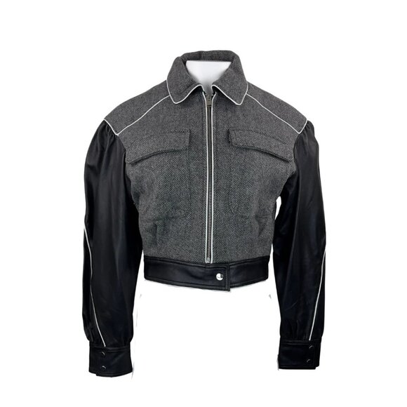 LAMARQUE Gray Wool Black Leather Bomber Biker Jacket Size Small NEW NWT - Picture 1 of 9